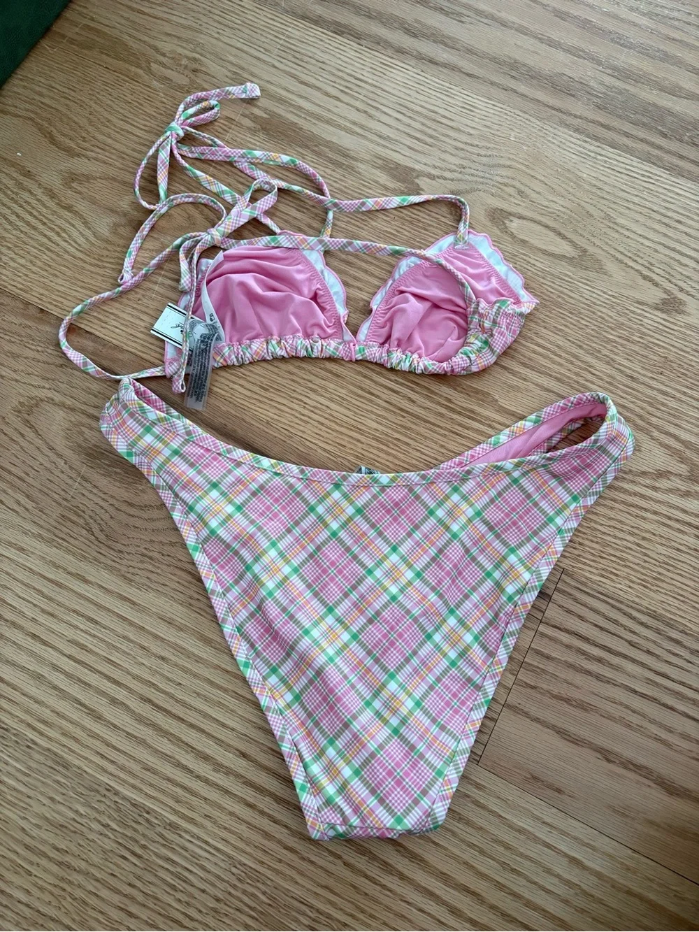 Frankie's Bikinis Pink Plaid Ruffle Triangle Bikini